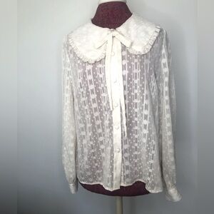 Shein long sleeve button up sheer top Cream silver threads Women’s Size …